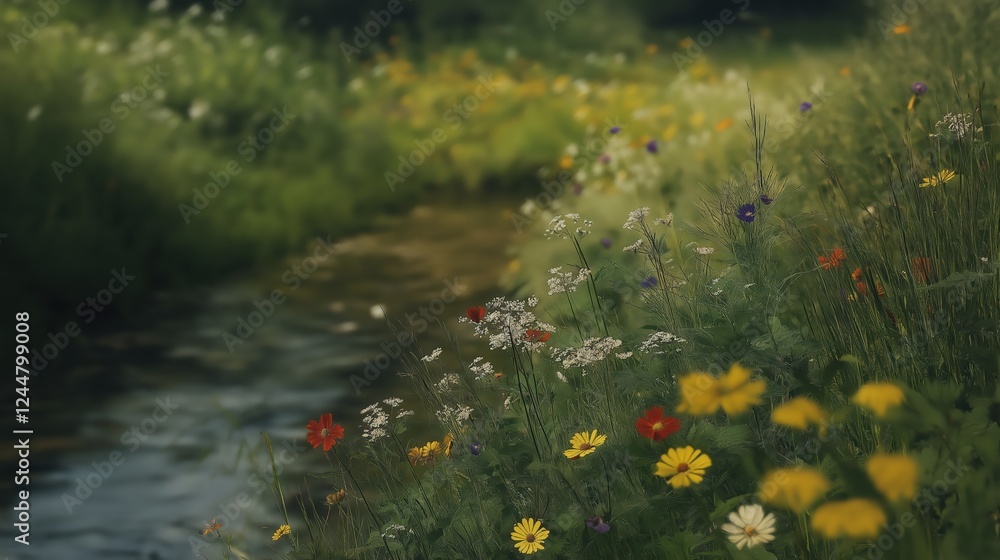 Colorful Wildflowers Blooming Along A Calm Stream In A Lush Green Meadow with Soft Light Colorful Wildflowers Blooming Along A Calm Stream In A Lush Green Meadow with Soft Light