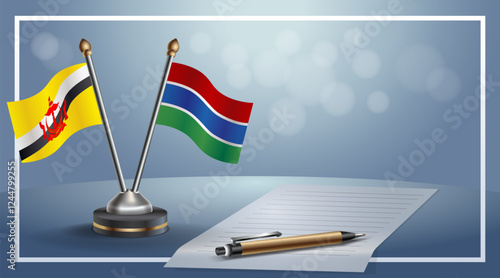 Brunei and Gambia National flags on small table with bokeh background, cooperative relationship