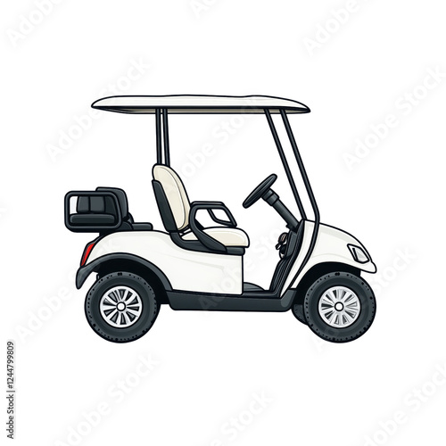 A sleek white golf cart with a canopy, featuring two seats and a storage compartment, designed for easy maneuvering on golf courses.