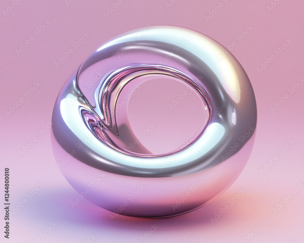 3D-rendered metallic chrome sculpture with smooth fluid curves, set against a soft pink background in a modern abstract art composition