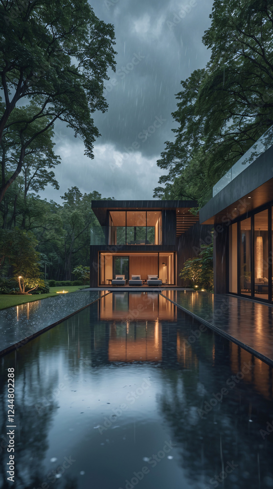Obraz premium Elegant and luxurious minimalist mansion with soft lighting glowing lamps and a serene pool on a rainy cloudy day Exterior Design Inspiration