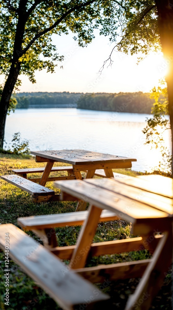 Naklejka premium A serene lakeside view with wooden picnic tables under trees during sunset.