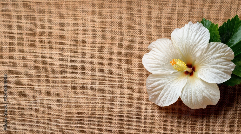 A white hibiscus flower with green leaves on a textured beige background. A white hibiscus flower with green leaves on a textured beige background.