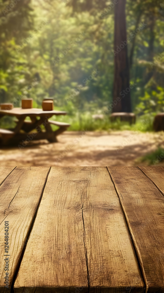 Empty Wooden Table with Blurred Forest Background with Picnic Table Perfectly for Product Placement Empty Wooden Table with Blurred Forest Background with Picnic Table Perfectly for Product Placement