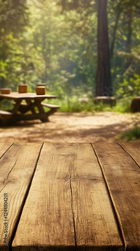 Empty Wooden Table with Blu...