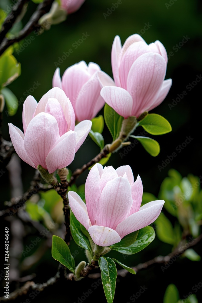 A close-up of pink magnolia flowers on branches, showcasing their delicate beauty. A close-up of pink magnolia flowers on branches, showcasing their delicate beauty.