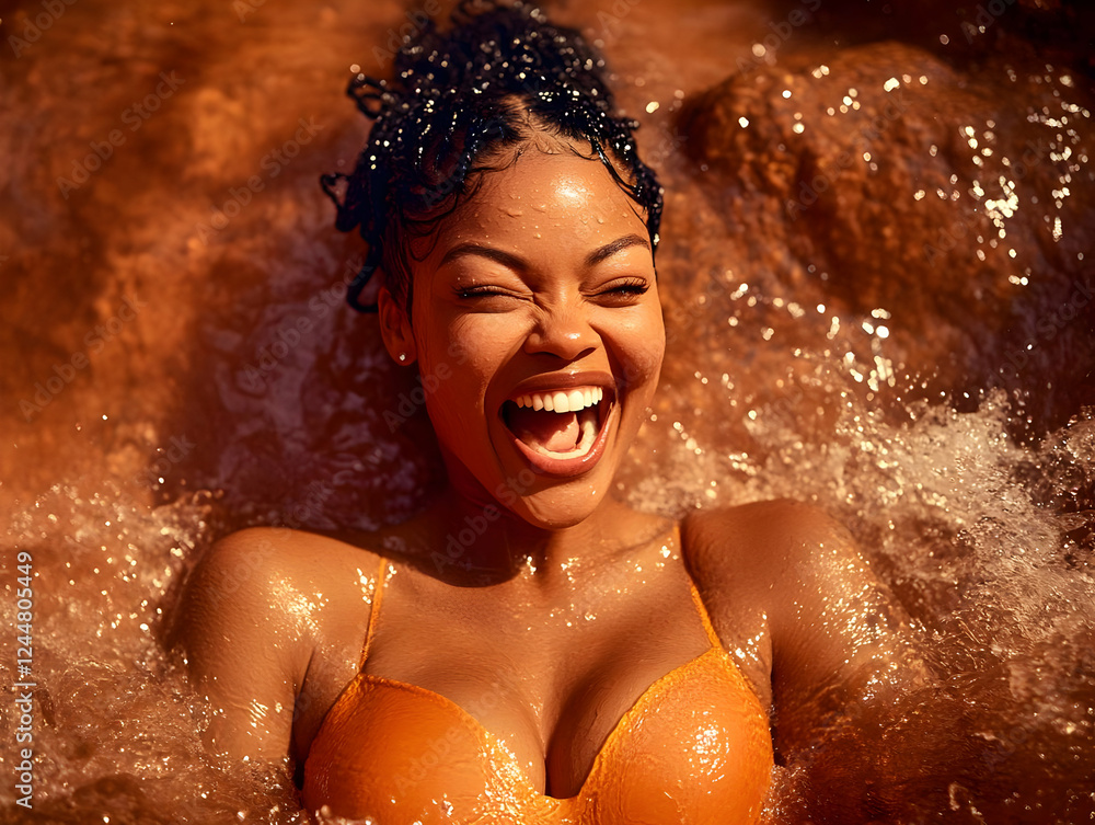 Obraz premium Woman laughs joyfully while submerged in shimmering brown water.