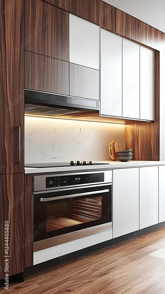 Modern Kitchen Design Showcases Sleek Oven and Wood Cabinetry in a Contemporary Setting. Modern Kitchen Design Showcases Sleek Oven and Wood Cabinetry in a Contemporary Setting.