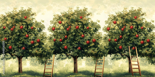Three Apple Trees with Ladd...