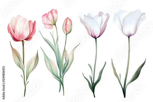 Wallpaper Mural Watercolor Tulips Illustration showcases pink and white tulips with graceful stems and leaves on a white backdrop. Torontodigital.ca