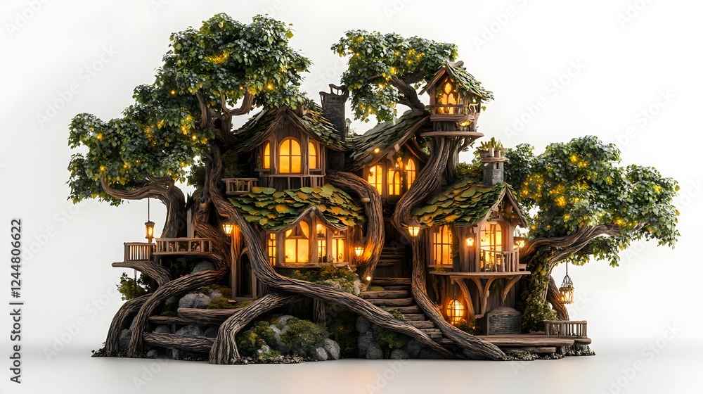 Fototapeta premium Whimsical Fairytale Home Isolated In White Background