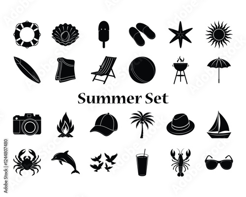 Set of summer holiday beach elements silhouette. Hello summer lettering vector illustration on white background