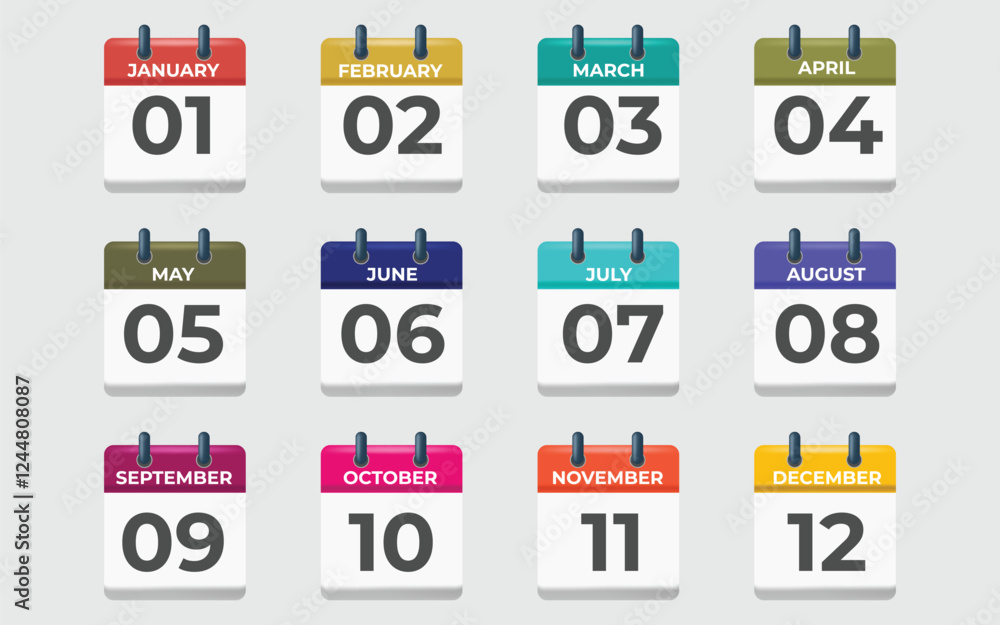 Annual calendar 3D icon set. twelve months with name and serial number. Flat vector illustration isolated on white. Annual calendar 3D icon set. twelve months with name and serial number. Flat vector illustration isolated on white.
