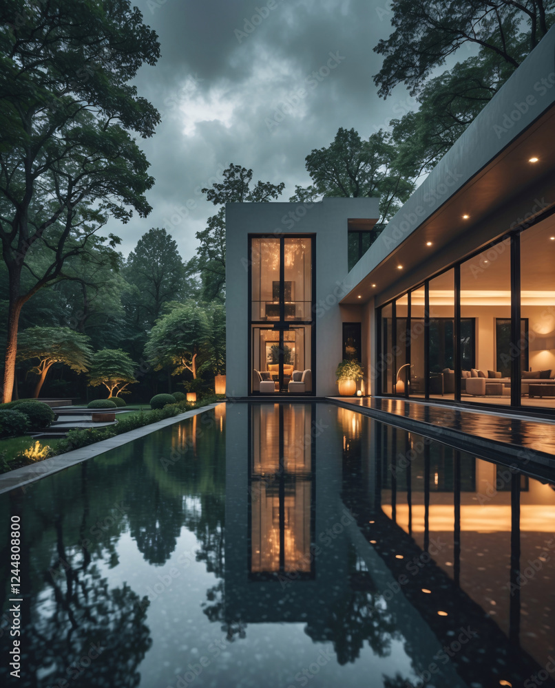Fototapeta premium Modern minimalist home with elegant interior and exterior soft lighting and a peaceful pool surrounded by rainy cloudy weather Exterior Design Inspiration