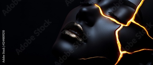 A striking image of a dark, cracked face illuminated by golden highlights, evoking themes of beauty, fragility, and transformation against a dark backdrop.