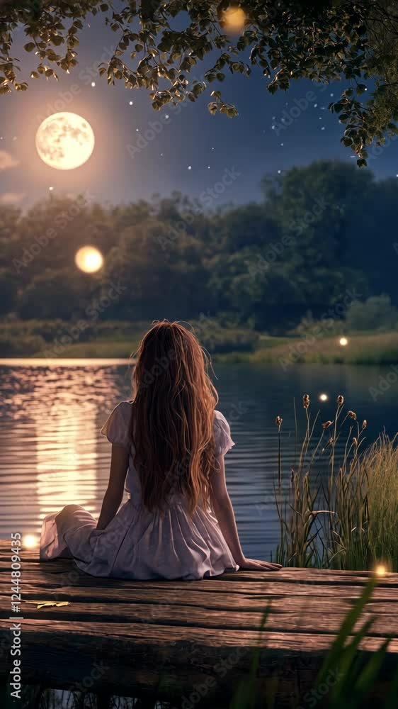 Woman admires a luminous moon while sitting by a tranquil lake during a magical night Woman admires a luminous moon while sitting by a tranquil lake during a magical night