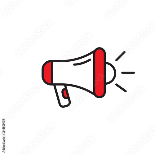 Megaphone device icon. Red white outline. Amplification sound tool. Promotional announcement symbol.