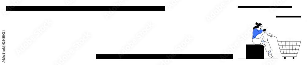 Woman sitting beside shopping cart, engrossed in smartphone. Ideal for digital commerce, technology, retail, modern lifestyle, consumer behavior, convenience minimalism. Abstract line flat metaphor Woman sitting beside shopping cart, engrossed in smartphone. Ideal for digital commerce, technology, retail, modern lifestyle, consumer behavior, convenience minimalism. Abstract line flat metaphor