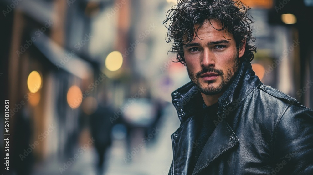 Stylish young man in urban setting with casual leather jacket and tousled hair, confidence on city street Stylish young man in urban setting with casual leather jacket and tousled hair, confidence on city street