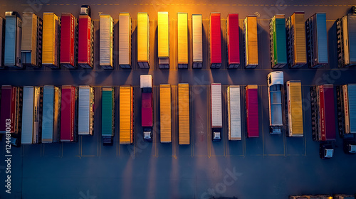 Aerial view of numerous cargo trailers parked in a lot at dusk.