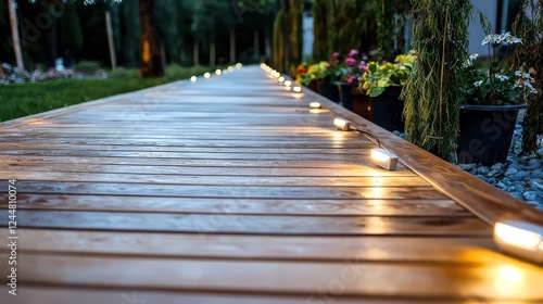 A wooden pathway illuminated by lights, bordered by potted flowers in a serene outdoor setting.