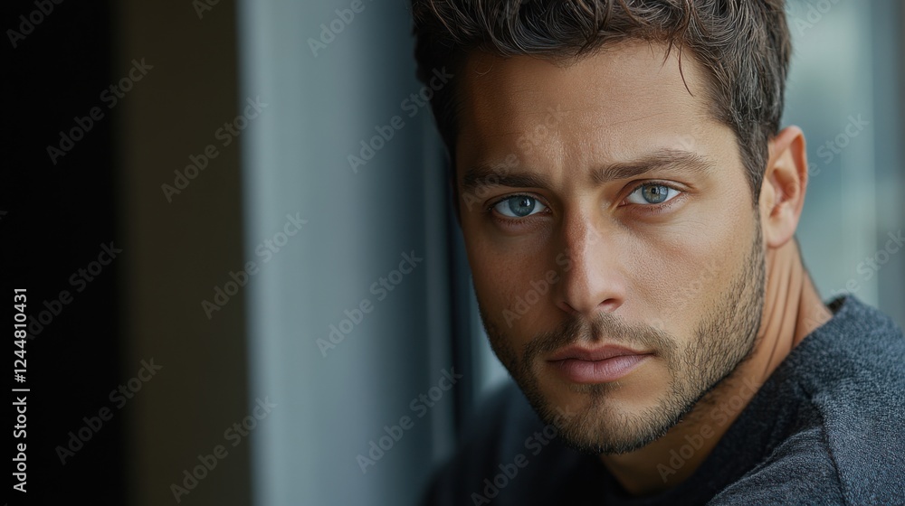 Intense Portrait of a Young Man with Blue Eyes and Short Brown Hair Gazing Out the Window Thoughtfully Intense Portrait of a Young Man with Blue Eyes and Short Brown Hair Gazing Out the Window Thoughtfully