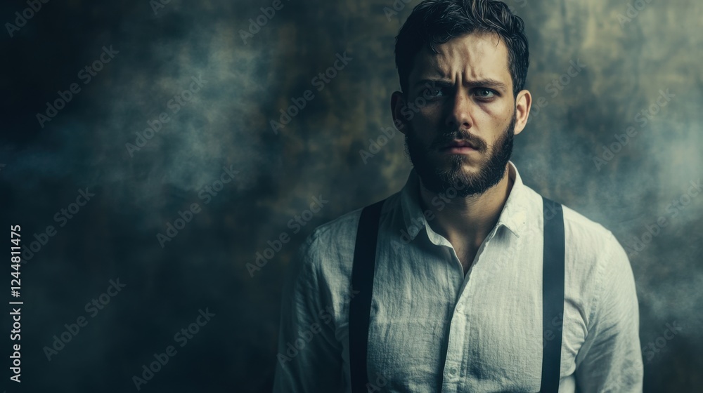 Intense Portrait of Male Model in Dramatic Lighting with Smoke Effect and Suspenseful Expression Intense Portrait of Male Model in Dramatic Lighting with Smoke Effect and Suspenseful Expression