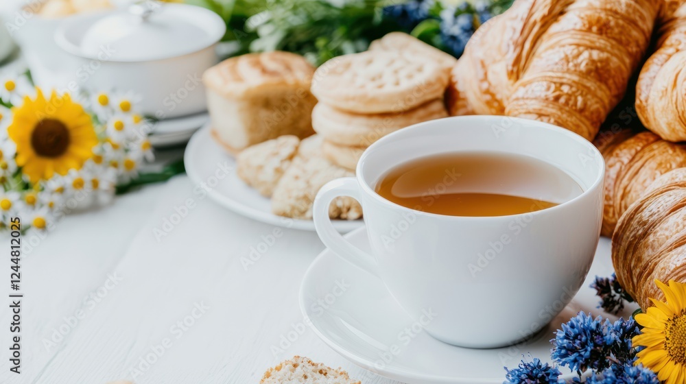 A cozy breakfast scene featuring tea, pastries, and flowers. A cozy breakfast scene featuring tea, pastries, and flowers.