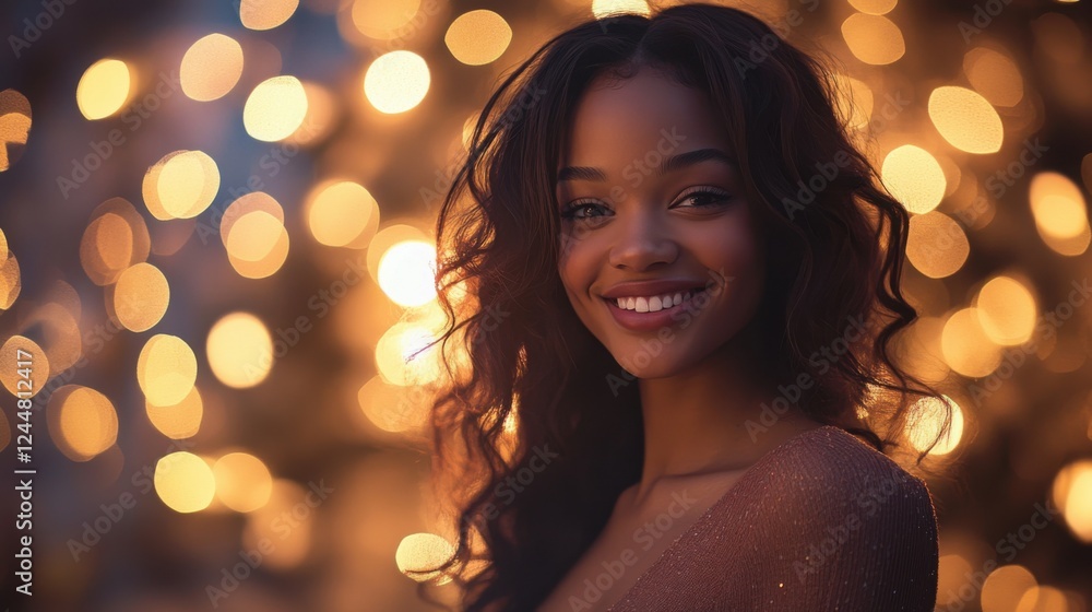 Joyful young woman smiling with glowing bokeh background during festive holiday season celebration Joyful young woman smiling with glowing bokeh background during festive holiday season celebration
