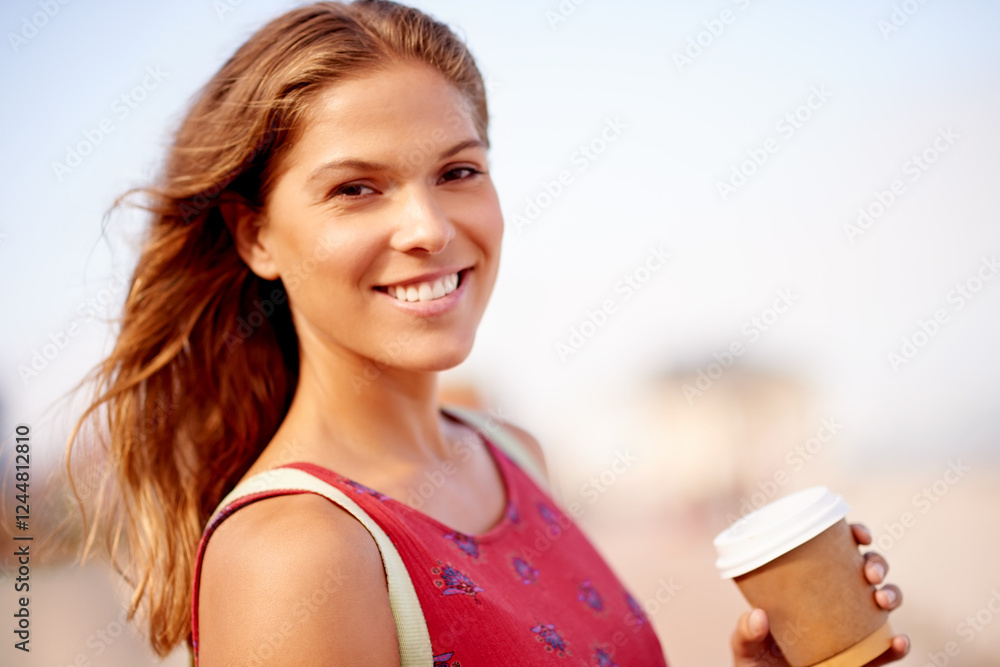 Outdoor, woman and portrait with smile for tea, travel destination and espresso for caffeine. Vacation, female person and tourist with happiness for coffee drink, adventure and sightseeing in Florida Outdoor, woman and portrait with smile for tea, travel destination and espresso for caffeine. Vacation, female person and tourist with happiness for coffee drink, adventure and sightseeing in Florida