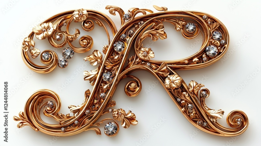 detailed representation of letter R featuring luxurious gold texture intertwined diamonds set against clean white backdrop. artistic design emphasizes opulence. detailed representation of letter R featuring luxurious gold texture intertwined diamonds set against clean white backdrop. artistic design emphasizes opulence.
