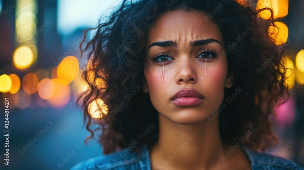 Emotional portrait of a young woman with curly hair, sad expression, and tears in an urban evening setting Emotional portrait of a young woman with curly hair, sad expression, and tears in an urban evening setting