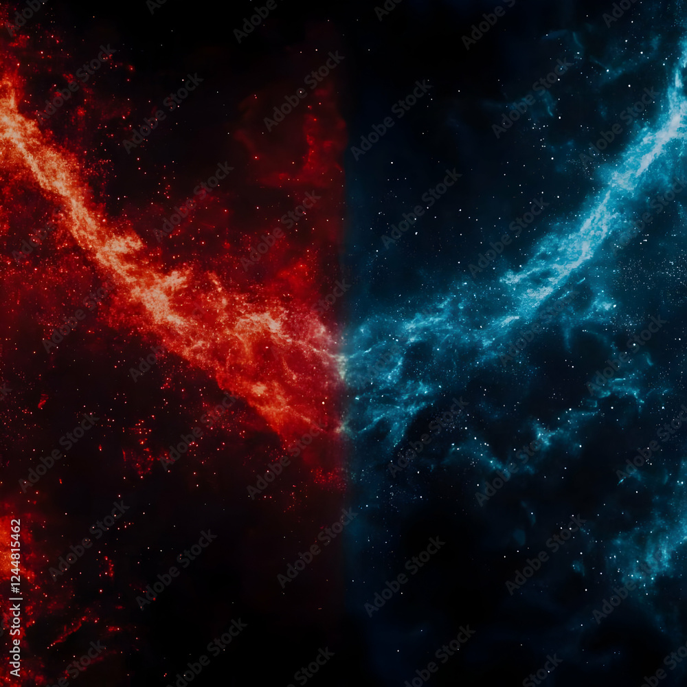 Fototapeta premium Red and Blue Nebulae Collide in a Cosmic Dance Across the Dark Expanse of Space