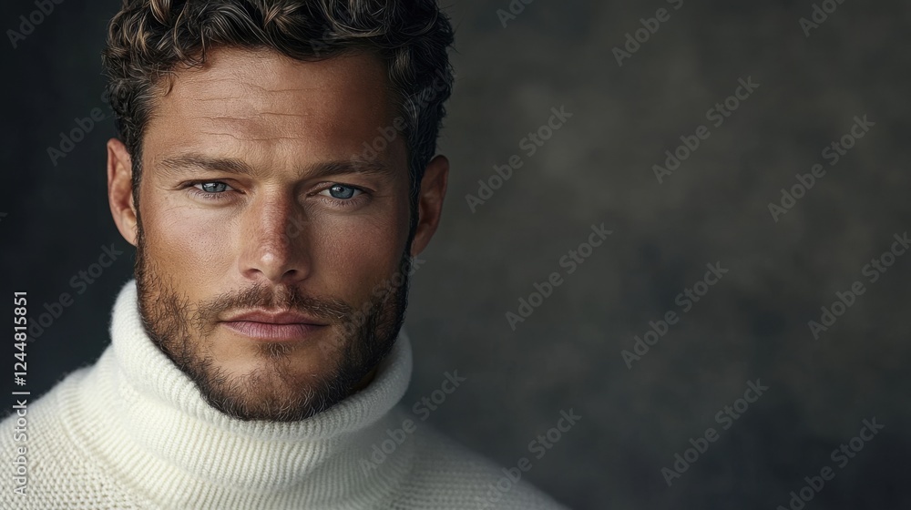 Close-Up Portrait of a Handsome Man in a White Turtleneck Sweater Against a Dim Background Close-Up Portrait of a Handsome Man in a White Turtleneck Sweater Against a Dim Background