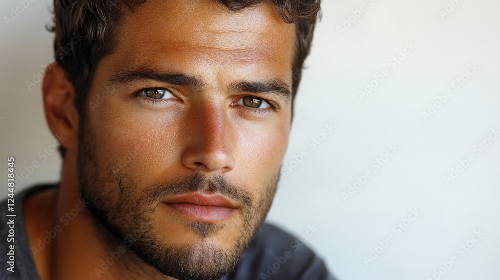 Obraz premium Close-up Portrait of a Handsome Man with Curly Hair and Intense Gaze Against a Neutral Background