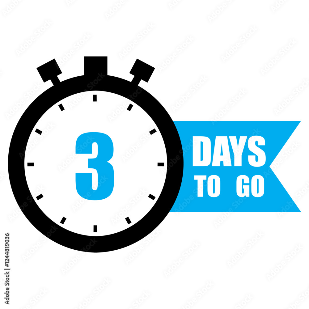 Countdown vector icon. Number three highlight. Bold 3 days to go text. Bright blue banner. Countdown vector icon. Number three highlight. Bold 3 days to go text. Bright blue banner.