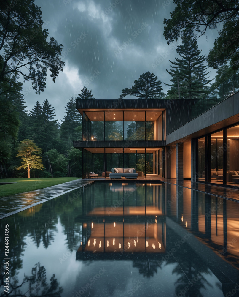 Stylish minimalist mansion with elegant modern design glowing lamps and a tranquil pool during rainy cloudy weather Exterior Design Inspiration