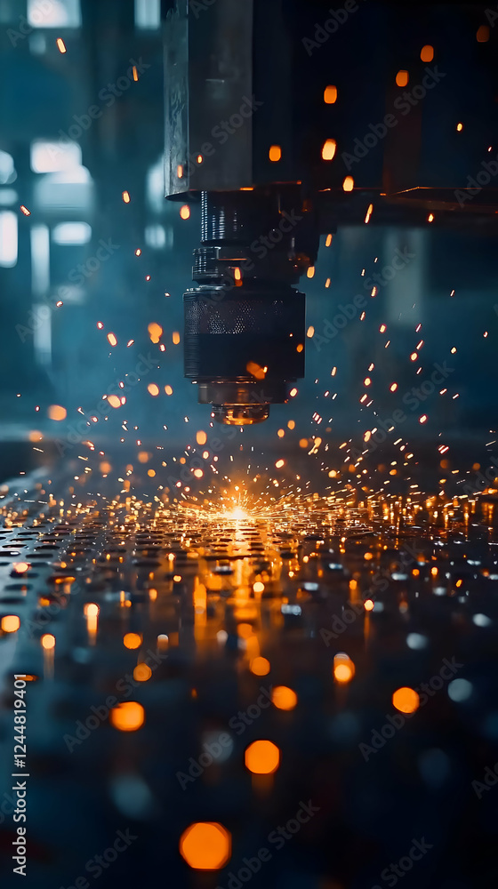 Fototapeta premium Industrial Laser Cutting Machine Cuts Metal Sheet with Sparks, Precision, and Speed in Factory Setting