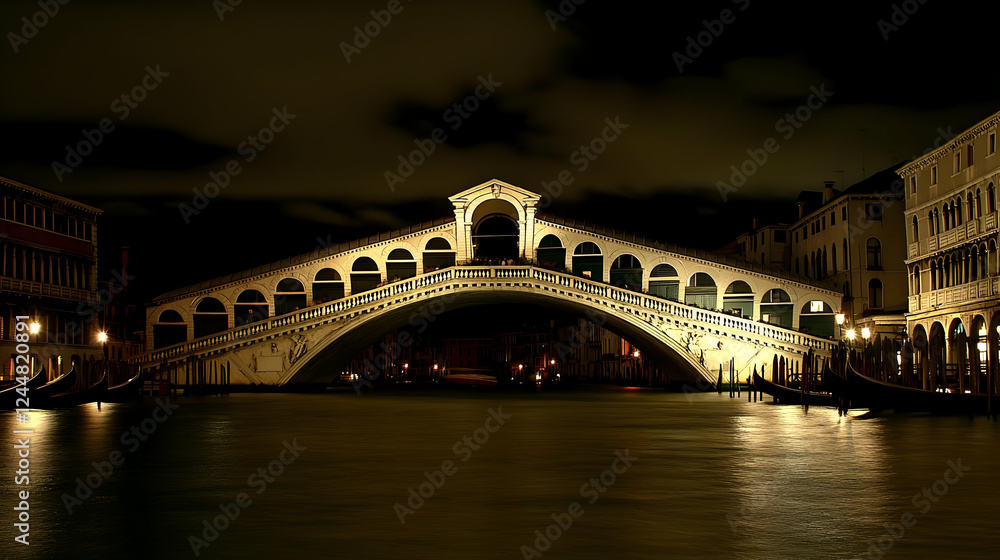 Illuminated Rialto Bridge Spans Canal with Gondolas Moored Below at Night in Venice. Illuminated Rialto Bridge Spans Canal with Gondolas Moored Below at Night in Venice.