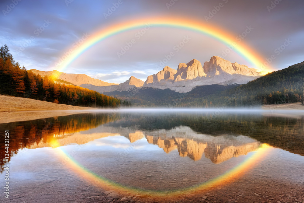 Rainbow Arches Over a Serene Mountain Lake with Stunning Reflections in Autumn Colors Rainbow Arches Over a Serene Mountain Lake with Stunning Reflections in Autumn Colors