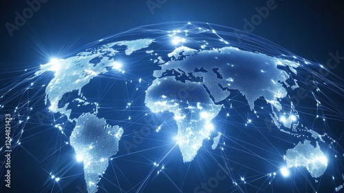 Global communication network concept with interconnected business nodes and human resources collaboration across worldwide platforms.