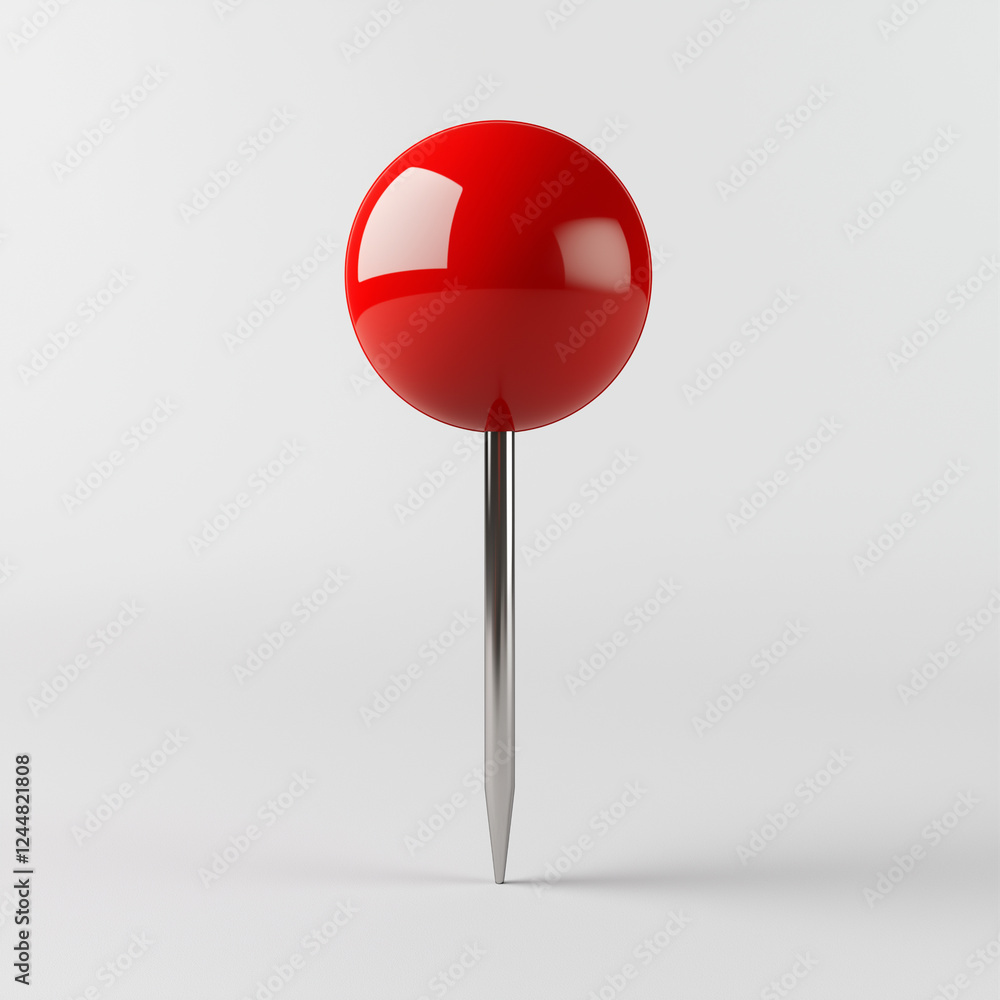 High-resolution 3D rendering of a single glossy red pushpin with a reflective surface and metallic needle standing upright on a white background. High-resolution 3D rendering of a single glossy red pushpin with a reflective surface and metallic needle standing upright on a white background.