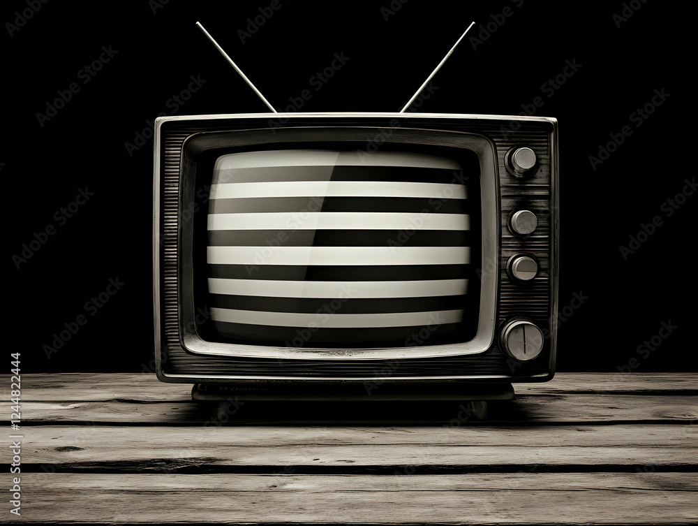 Obraz premium Vintage Television Displays Test Pattern on Screen, Sitting on Wooden Table in Dark Room