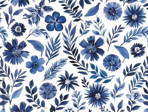 Hand-painted blue floral pattern featuring watercolor flowers and leaves. A refined botanical design ideal for textiles, home decor, wedding invitations, and artistic backgrounds.