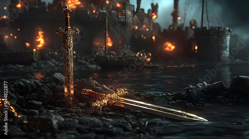 Two Ornate Swords Rest on R...
