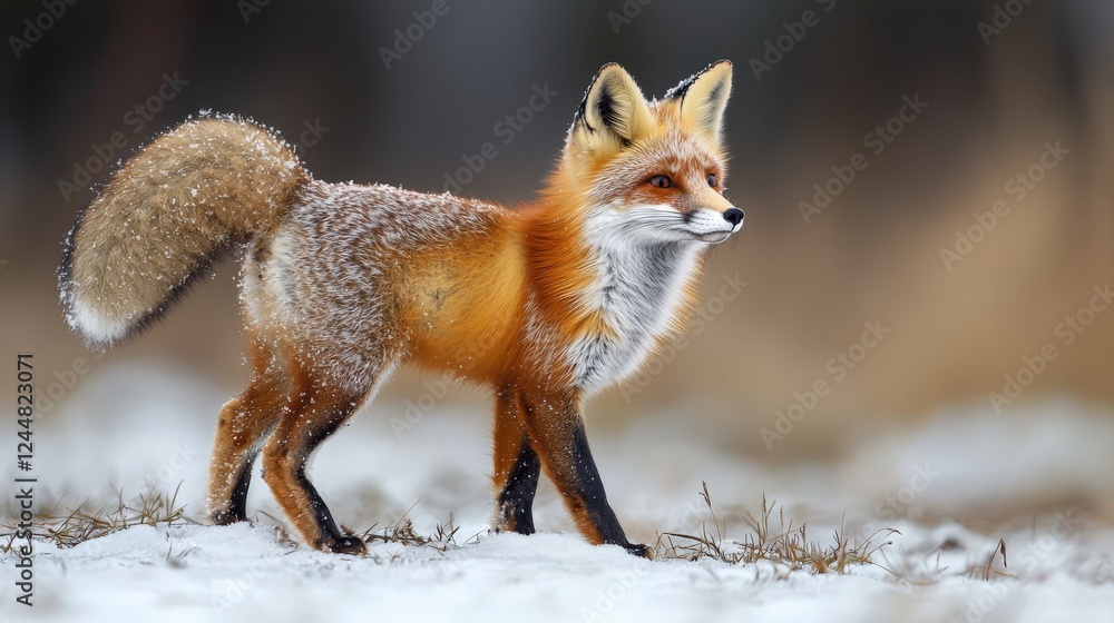 Fototapeta premium Majestic Red Fox Walking in Snowy Landscape During Winter