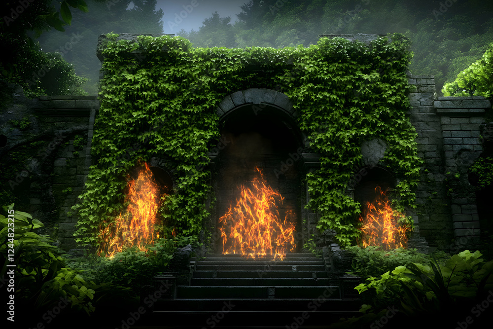 Fototapeta premium Ancient Stone Archway Engulfed in Flames and Lush Vegetation Mystically in the Forest