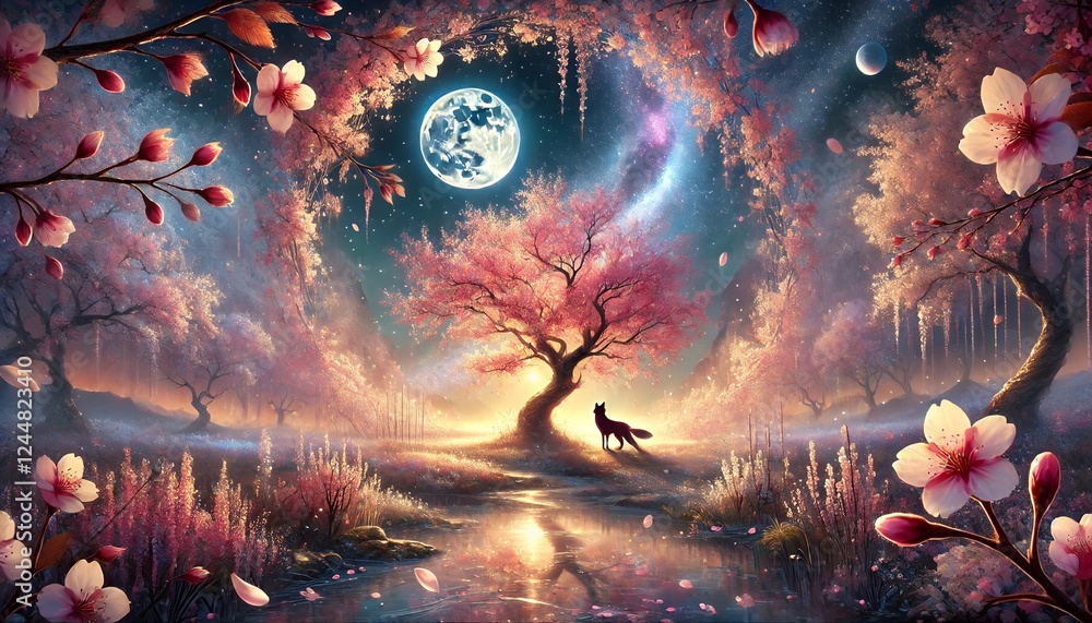 Obraz premium A Serene and Enchanting Night of Cherry Blossoms Under a Moonlit Spring Sky