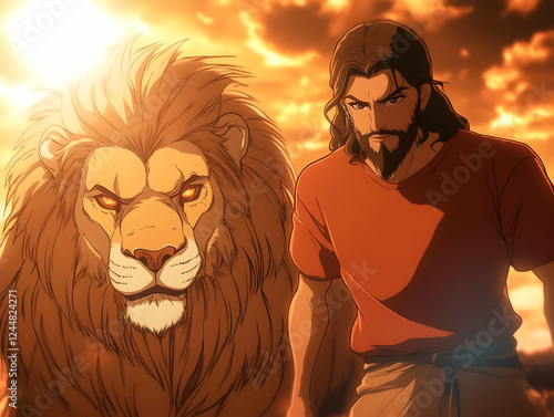 Majestic Lion and Man Stand...