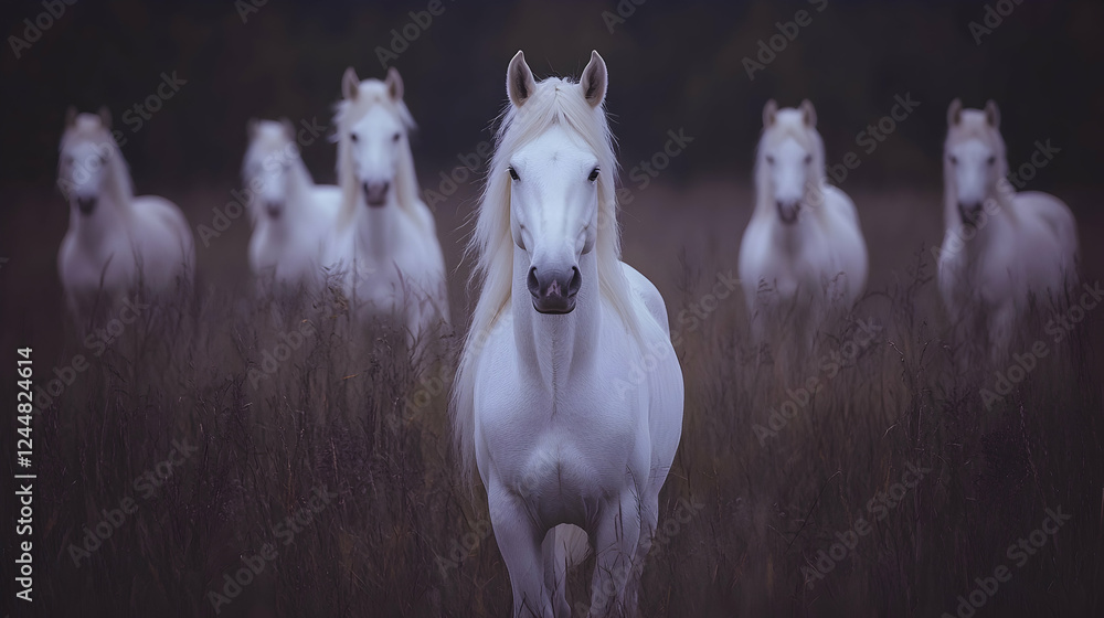 Fototapeta premium Majestic white horses in field, evening light